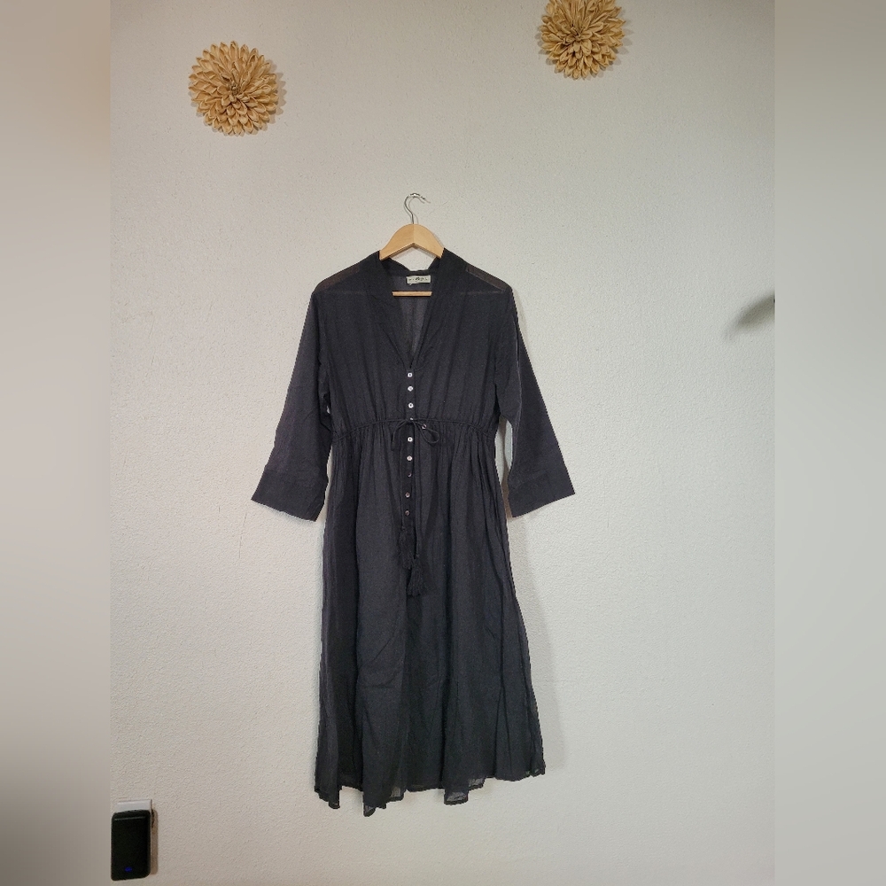 NATURAL LIFE L Black Cotton Long Sleeve Midi Dress